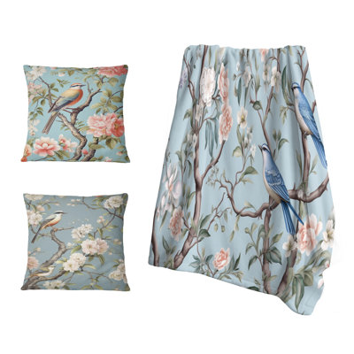 Ensemble de couverture et oreiller Chinoiserie avec oiseaux et pivoines