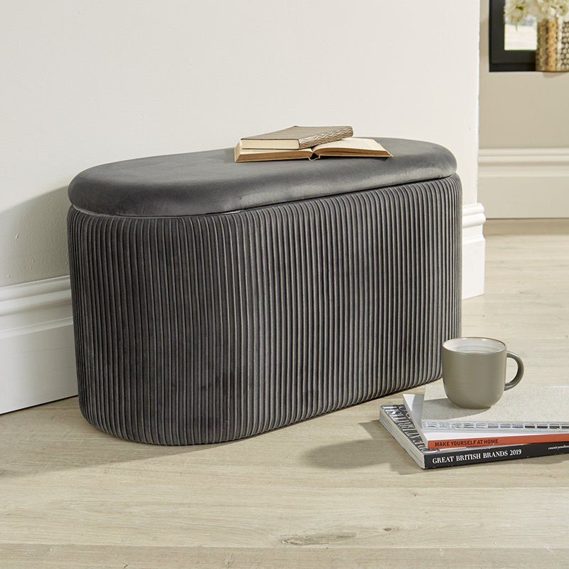 Ariana 76cm Wide Velvet Oval Solid Colour Ottoman with Storage, Grey