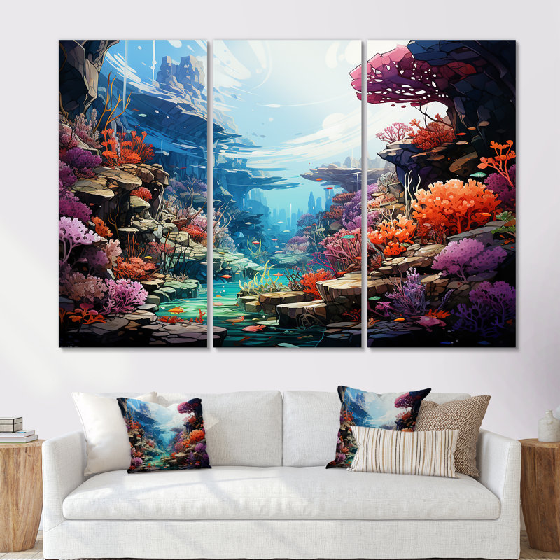 Aqua Serenade Under Water Corail III - Ensemble de décoration murale corail sous l'eau Coastal, Toile tendue