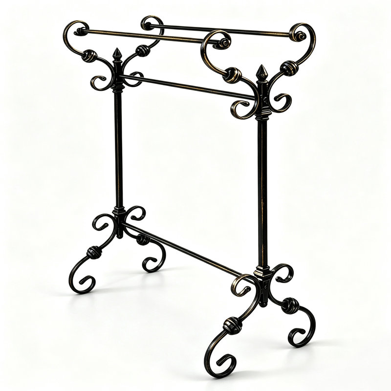 Antique Wrought Iron Free‑Standing Towel Rack, Scrollwork Metal Blanket Holder for Bathroom, Farmhouse & French Country Decor