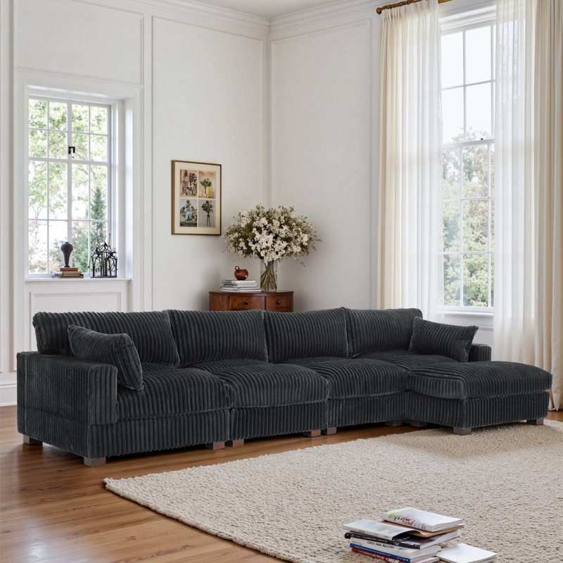 5 - Piece Upholstered Gray Faux Rabbit Fur Flannel Reversible Modular Sofa Living Room Sectional Couch with Ottoman