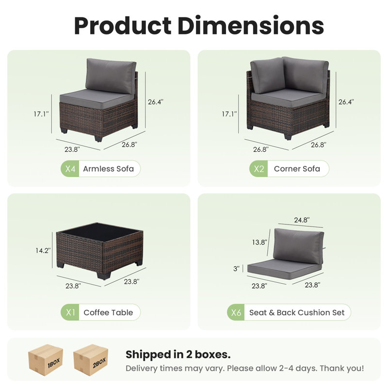 Ensemble de conversation modulaire en osier pour 6 personnes avec coussins, Gris, Brun