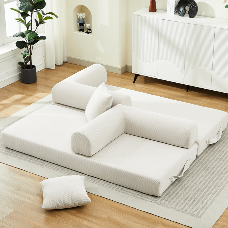78.5" Fold Out Couch Bed, 3 - Seater Convertible With Beige Corduroy, Foam Spring Floor Mattress For Living Room, No Assembly Required Futon 2 Pillows, Mattress, Corduroy Material, Vacuum Packed