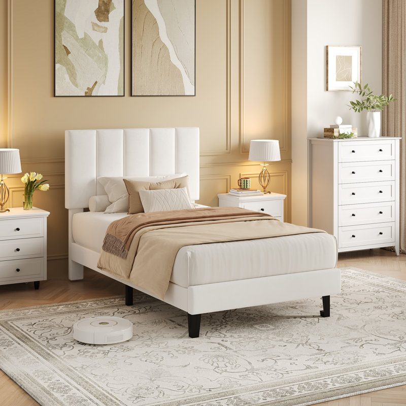 Twin Size Bed Frame, Velvet Upholstered Platform Bed with Vertical Channel Tufted Headboard,  Mattress Foundation with Strong Wood Slat, No Box Spring Needed, Easy Assembly, White