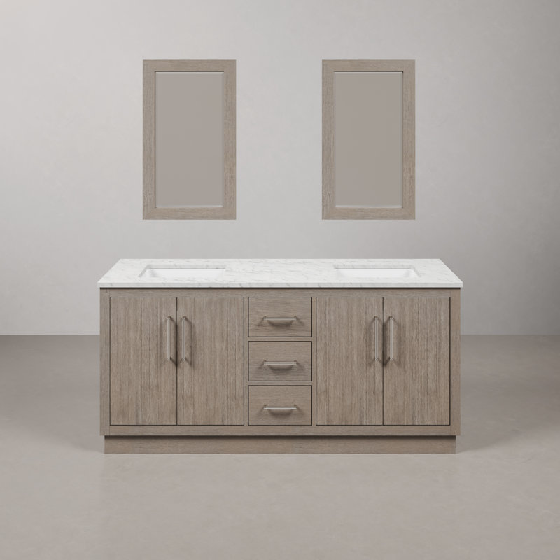 Hugo 72 In. Double Sink Carrara White Marble Countertop Vanity In Grey Oak With Mirrors, Chrome