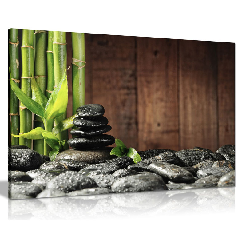 Green Spa Botanical Bamboo Grove Black Zen Stones Old Wooden Background - Wrapped Canvas Print, 41cm H x 61cm W