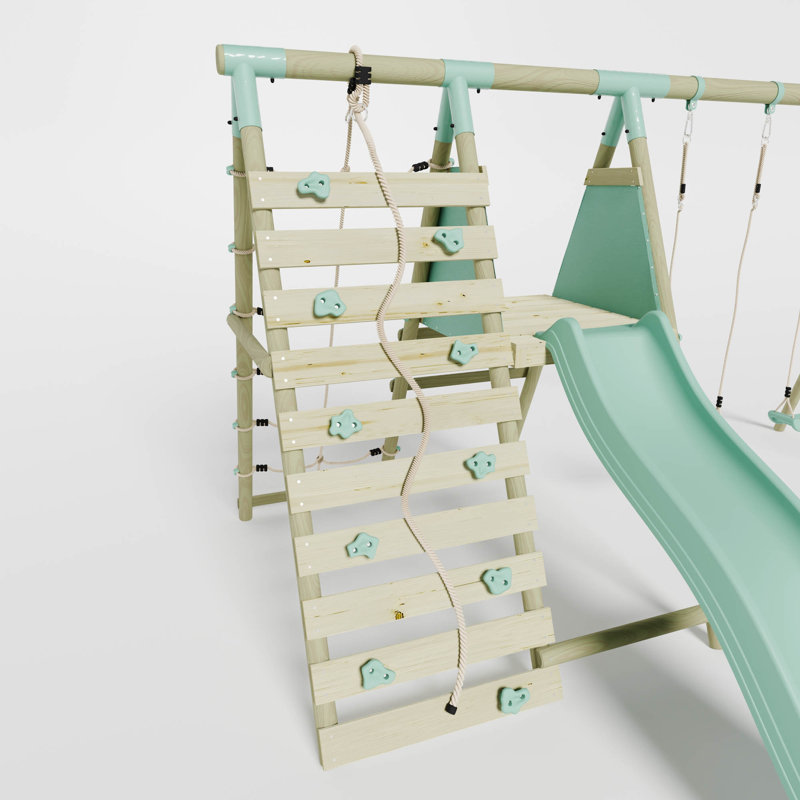 Mercia Wooden Round Pole Double Swing With Climbing Wall & Slide