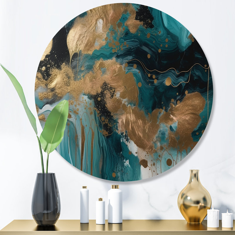Green And Gold Mysterious Marble I - Abstract Marble Round Wall Art on Metal, 16" H x 16" W x 1" D