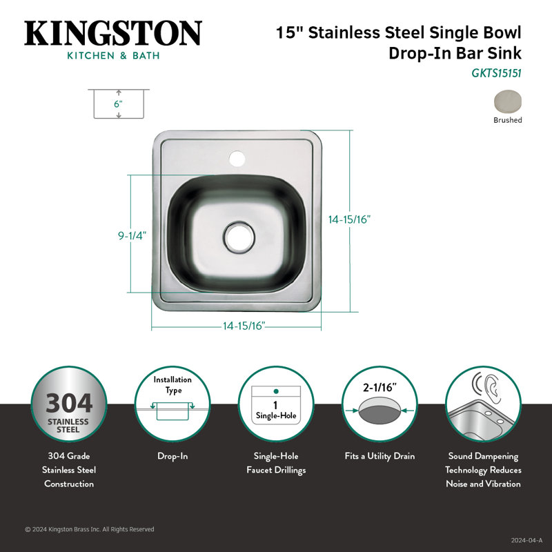 Kingston Brass Studio 15-Inch Stainless Steel Self-Rimming Single Bowl Bar Sink, 23-Gauge, 1 hole