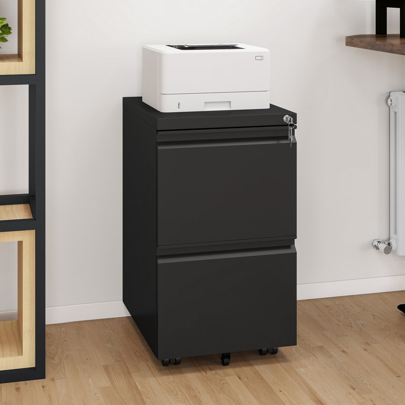 Canesha 39cm W 2-Drawer Office storage unit,Steel Filing Cabinet with 4 Casters, Black