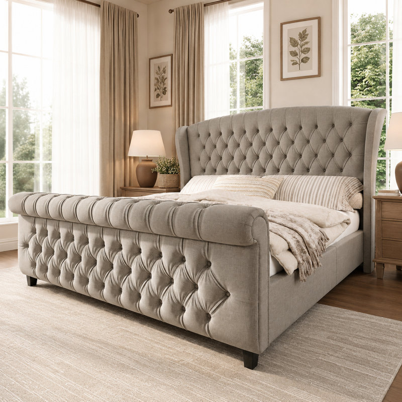 Très grand lit-bateau tapissier en lin avec capitonnage à boutons et volutes, kaki, Très grand lit, Khaki Linen