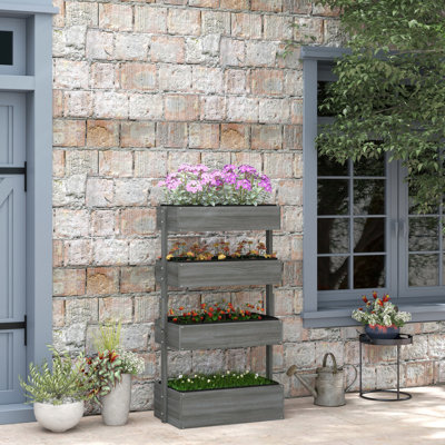 Vertical Garden Planter, Wooden 4 Tier For Outdoor Plants, Self-Draining With Non-Woven Fabric, Gray Nuance Look