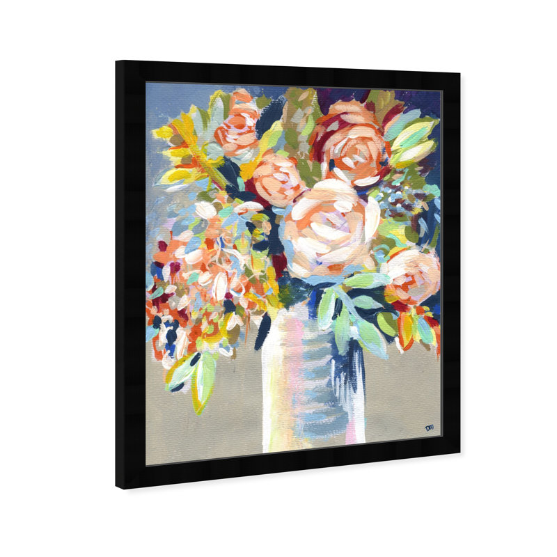 Cadre floral peint à l'orange, Cadre noir, H 22 po x l 18 po