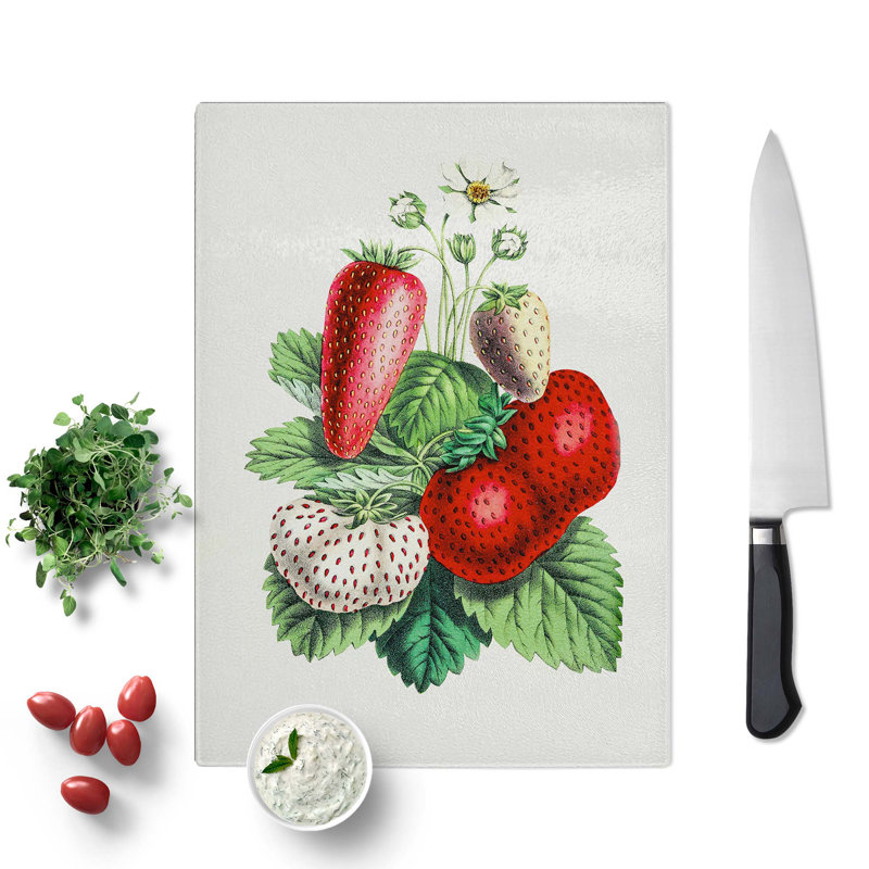 Tempered Glass Wild Strawberry Illustration Chopping Board, 28.5cm W x 39cm L