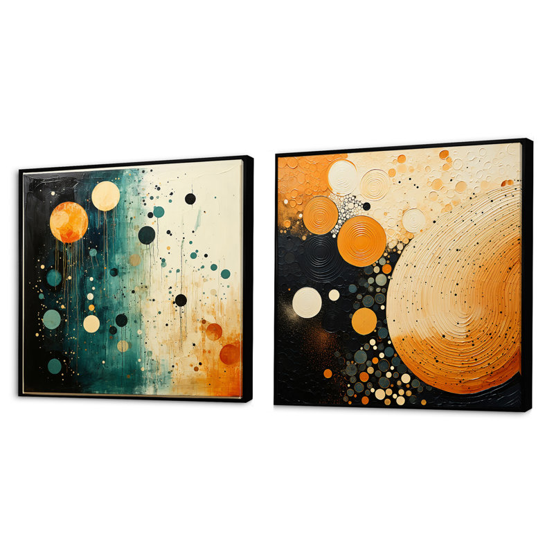 Ensemble de 2 collages carrés gris et orange Mid Century Minimalist Oasis, Cadre flottant noir, H 16 po x l 33 po