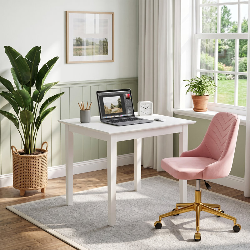 Ensemble de bureau à domicile et de chaises, bureau d'ordinateur carré blanc avec ensemble de chaises pivotantes en velours, bureau de jeu et chaise de travail en velours à hauteur réglable, poste de travail multi-paquets à charge statique 490 LBS, ensemble de bureau de fauteuil roulant