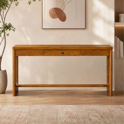U_Style 59,8 po Table d'entrée en bois avec placage de chêne Console rétro avec tiroir et poignée ronde, table de canapé multifonctionnelle avec pied ovale pour le couloir, l'entrée et le salon