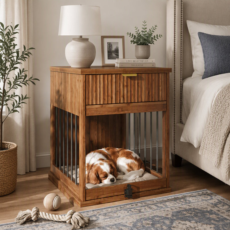 Table d'appoint 3 en 1 pour cage de chien avec station de recharge et porte en verre