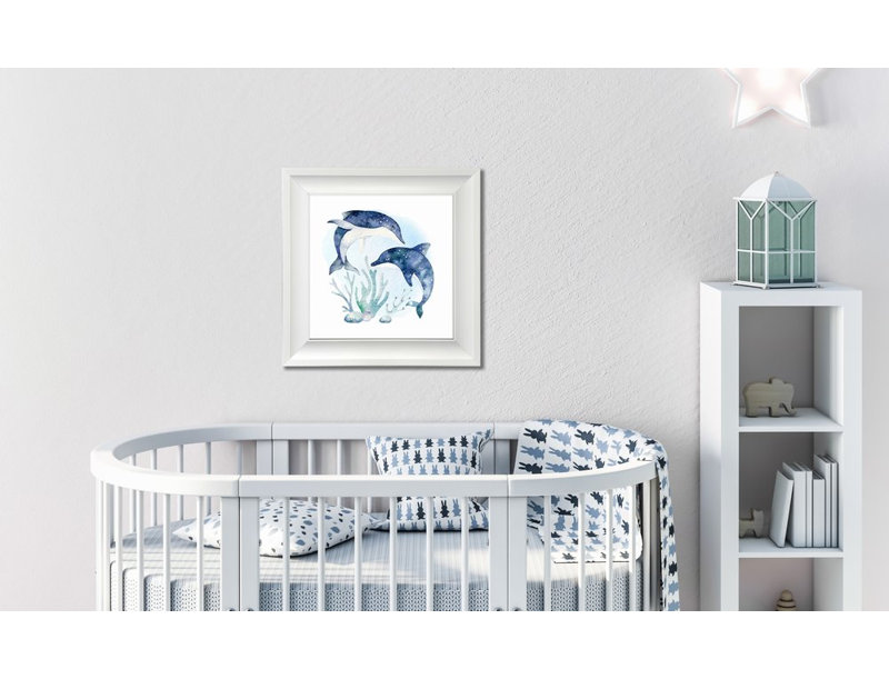 Dauphins, art mural sur toile, Cadre d'angle fermé blanc, H 17,5 po x l 17,5 po