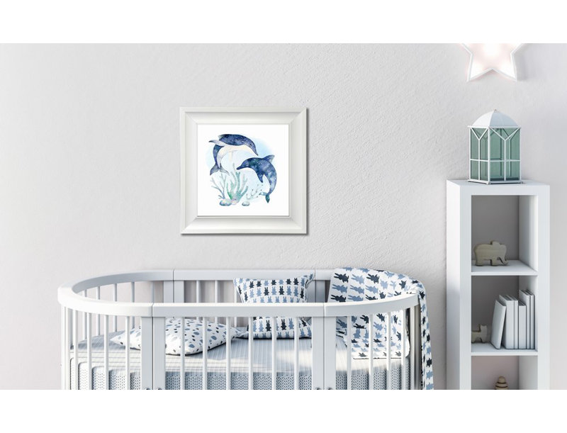 Dauphins, art mural sur toile, Cadre d'angle fermé blanc, H 17,5 po x l 17,5 po