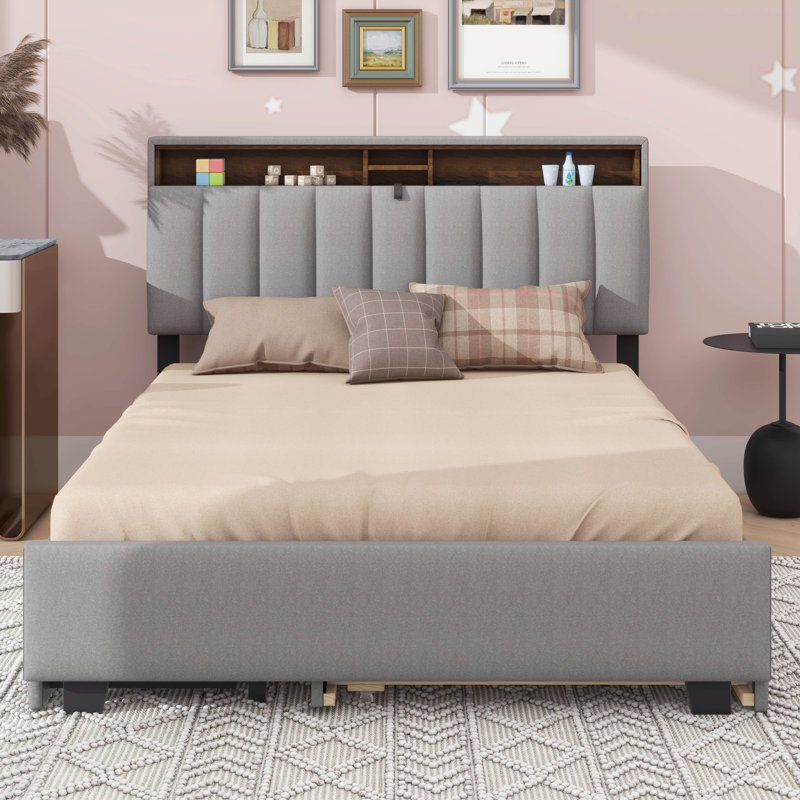 Lit plateforme tapissier avec tête de lit, Lit double , Gris