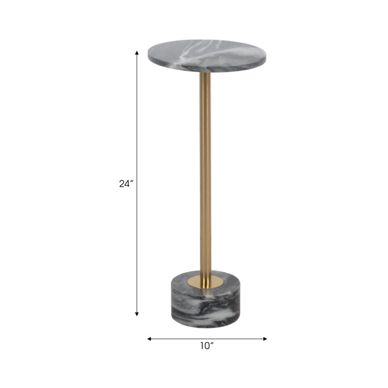 24"H Metal Side Accent Table with Marble Top and Rounded Base, Gray/Gold