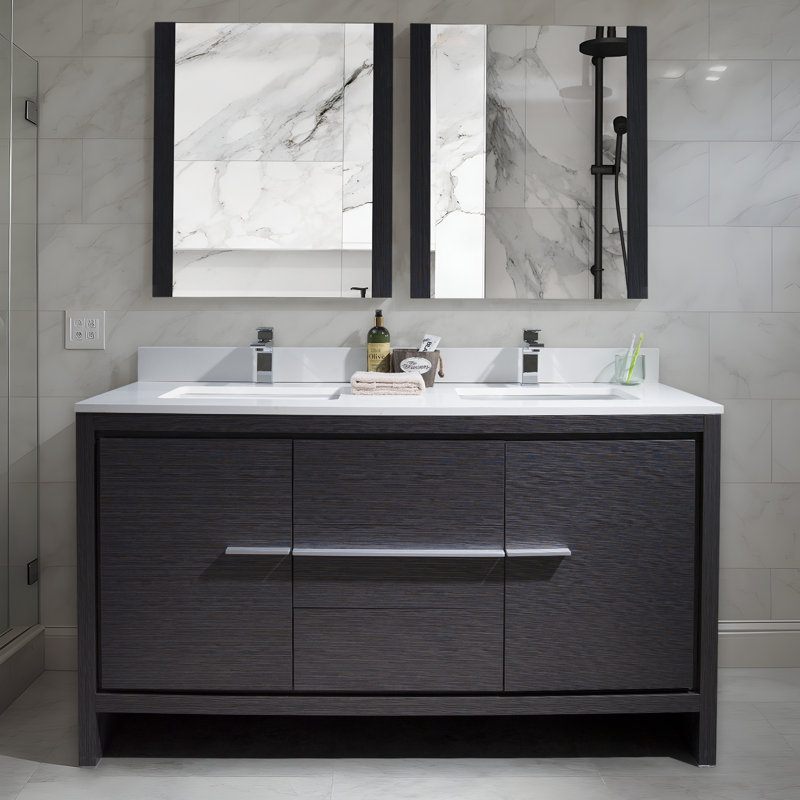 Artemis 60'' Freestanding Double Bathroom Vanity with Sink and Mirror, Silver Gray