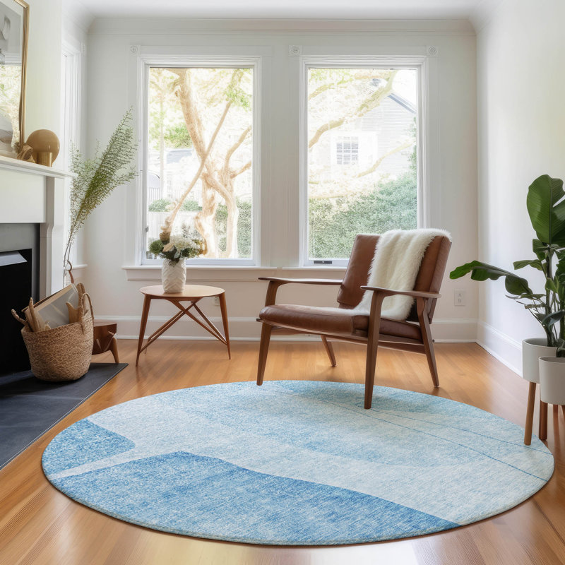 Premium Machine Washable Prisco Blue Rug, Round 8'