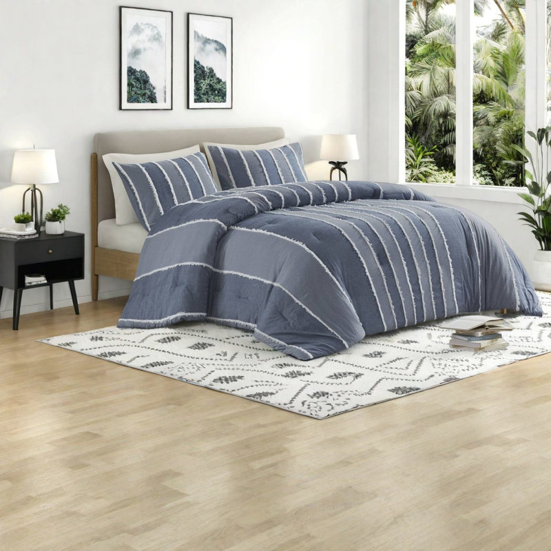 Ensemble d'édredon rayé en coton bleu Modern Modern