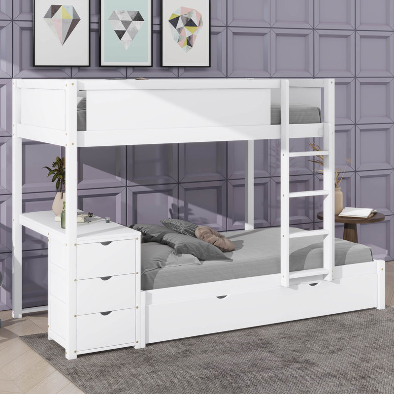 Lit superposé équipé d'un lit gigogne simple, de compartiments de rangement et d'un bureau, Simple sur simple, Blanc