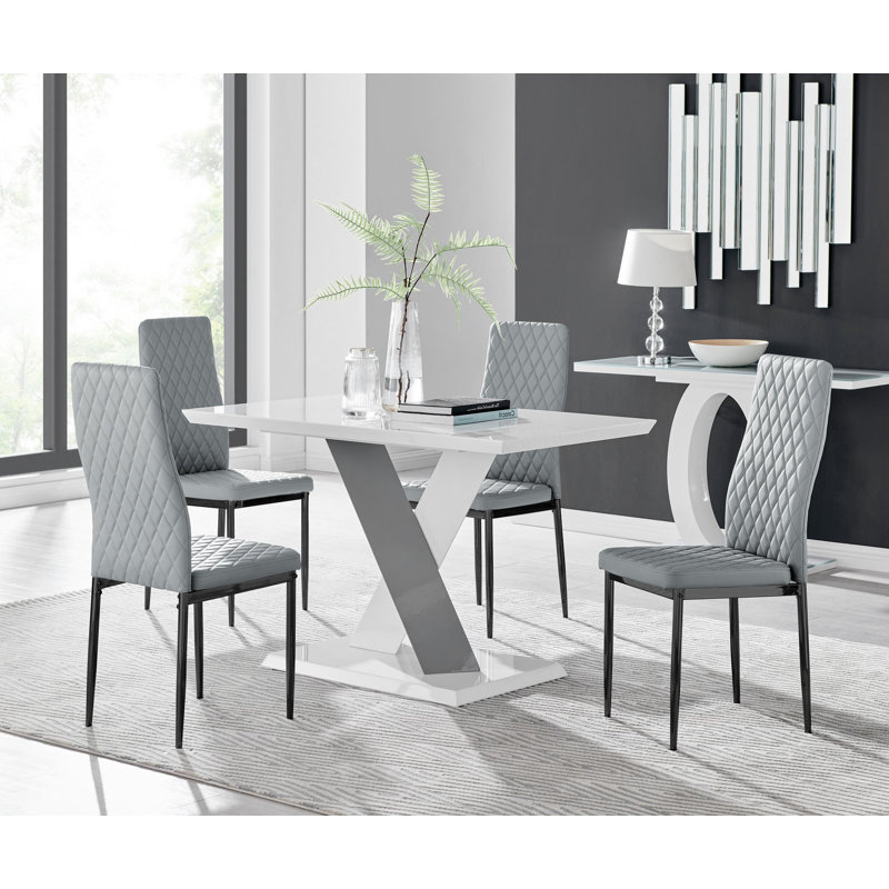Eubanks Cross High Gloss 4 Seater Dining Table Set with Luxury Faux Leather Dining Chairs, Grey