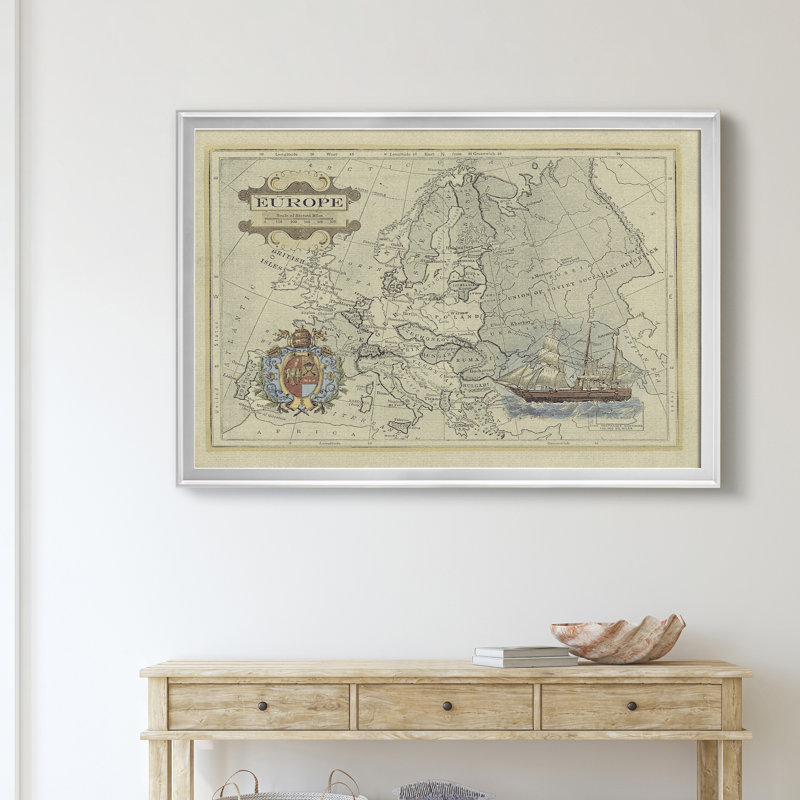 Carte antique de l'Europe - reproduction de cadre photo sur toile, H 26,5 po x l 36,5 po x P 1,5 po, Argent