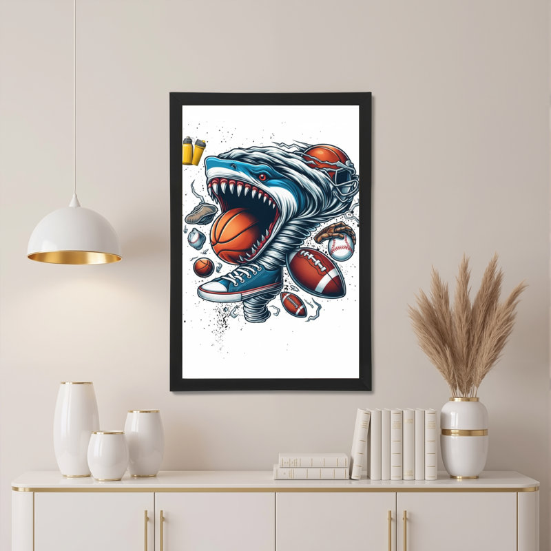 Requin mangeant une balle de sport sur toile tendue, impression sur toile, ensemble de 1, H 18 po x l 12 po