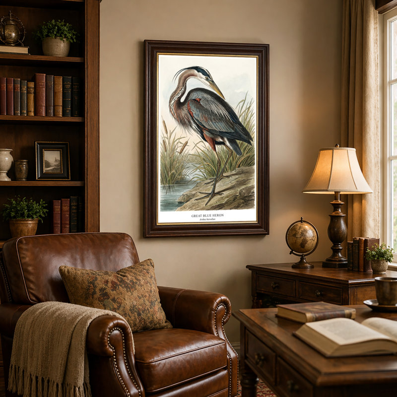 Art mural antique sur toile encadré doré pour le salon, la chambre à coucher, le bureau ou le vestibule - Décoration murale décorative avec grand héron bleu