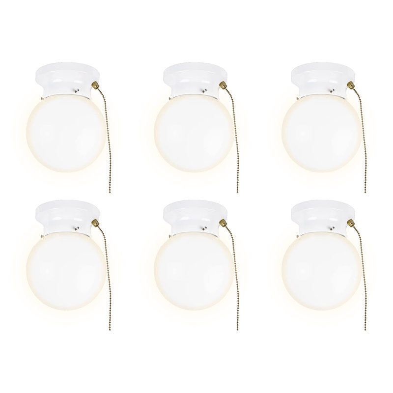 6" Utility LED Glass Flush Mount With Pull Chain - Globe Light Fixture - 500 Lumens 3000K Light Fixture, Matte White