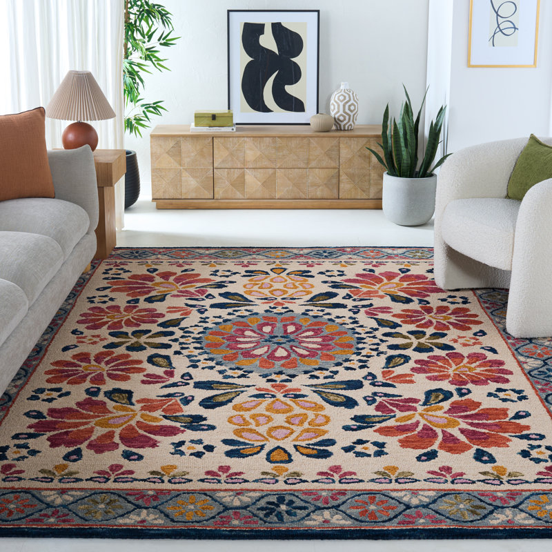 Tapis floral en laine touffeté à la main rouge / ivoire Onasis, Rectangle 8 pi x 10 pi