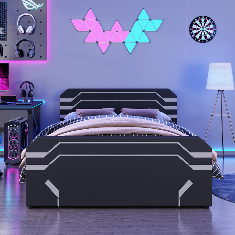 Lit de jeu rembourré avec rangement hydraulique latéral, style Cyberpunk pour les joueurs modernes et Gen Z, Black/Grey