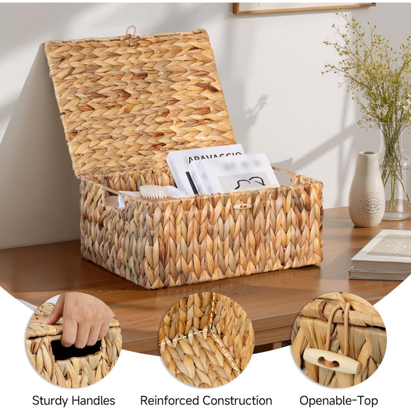 Handwoven Wicker Storage Basket with Flip-Open Lid, Large Basket for Bathroom, Living Room, Nursery, Water Hyacinth