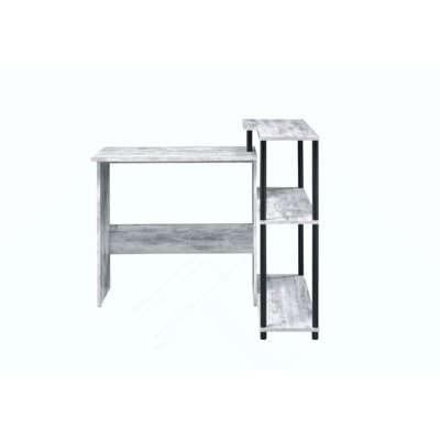 Bureau d'écriture en L avec beaucoup de rangement, parfait pour le bureau à domicile et les petits espaces