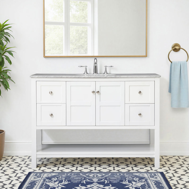 Amyra 48'' Single Bathroom Vanity with Marble Top, Silver, Carrera White, White