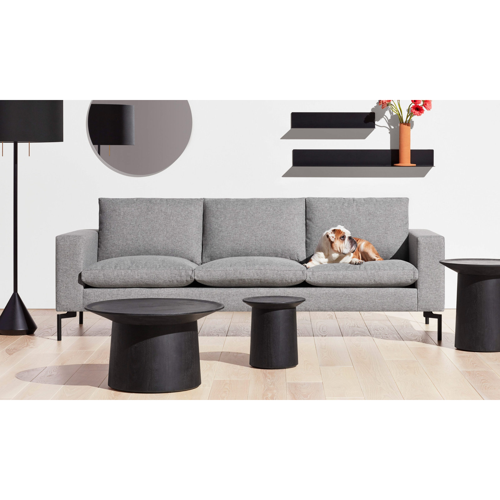 New Standard Upholstered Sofa, Black, 32" H x 104" W x 35" D, Spitzer Gray 100% Polyester