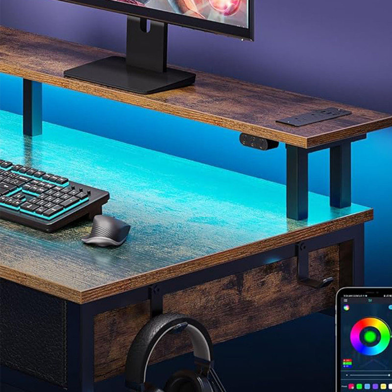 Computer Desk with Power Outlets & LED Light with 3 Drawers and Storage Shelves, Writing Desk with Monitor Stand, Rustic Brown