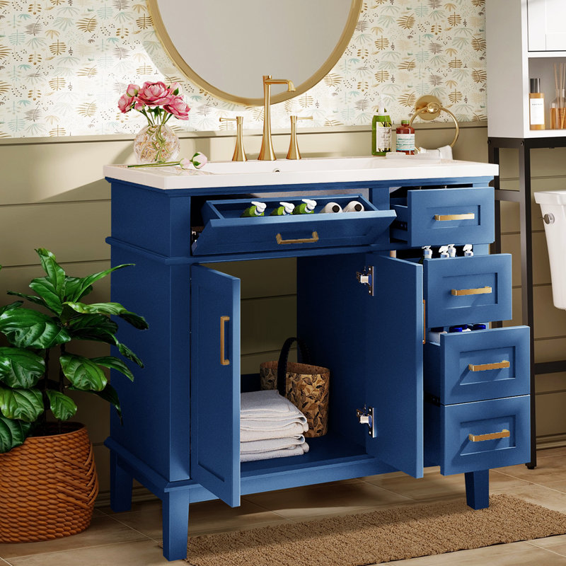 Meuble-lavabo de salle de bain avec lavabo en céramique, portes à fermeture douce, 4 tiroirs de rangement, Bleu