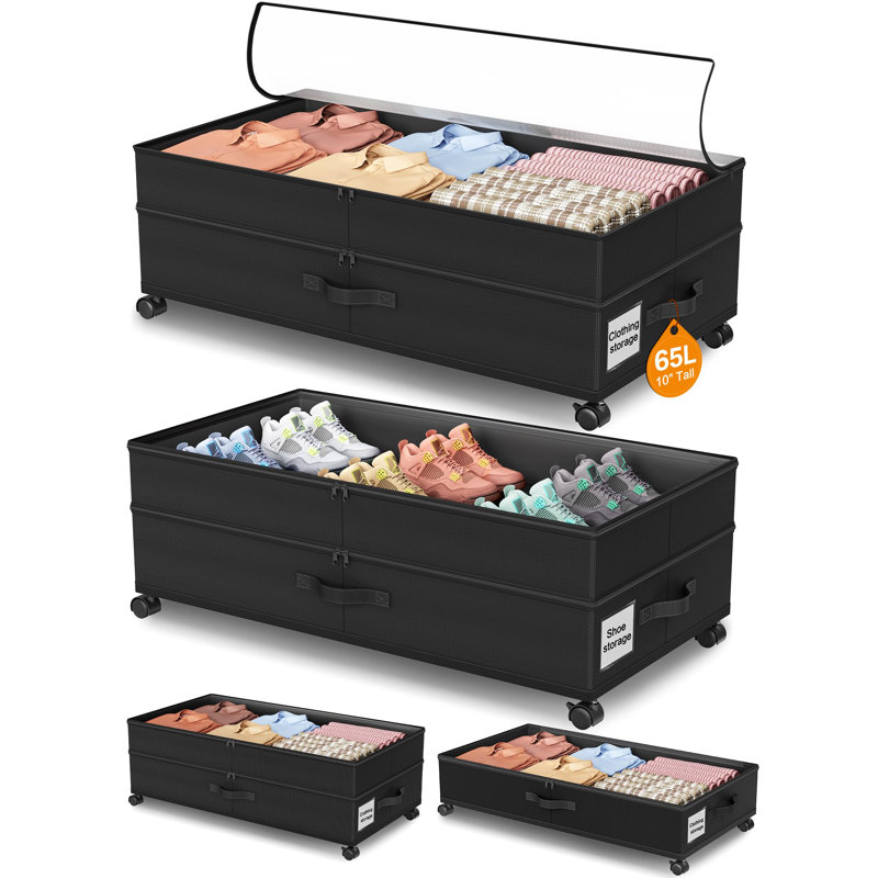 Under Bed Storage With Wheels,2Pack Underbed Shoe Storage Organizer,7.5-10.6 Inchtall Adjustable Storage For Underbed With Lids,65L Extra Large Capacity For Clothes, Blankets,Shoes