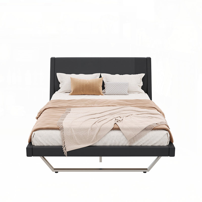 Élégant lit rembourré en similicuir avec un design innovant et une structure robuste pour les chambres modernes, Noir