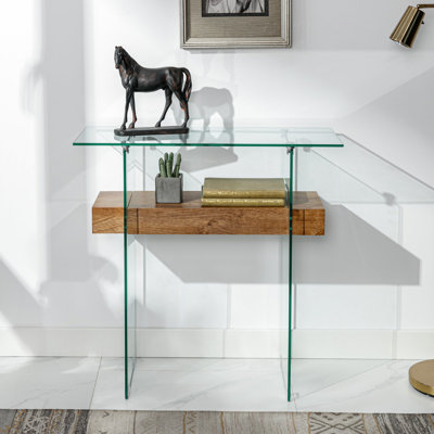 31.5'' Narrow Glass Console Table with Storage, Small Entryway Table with Natural Wood Shelves