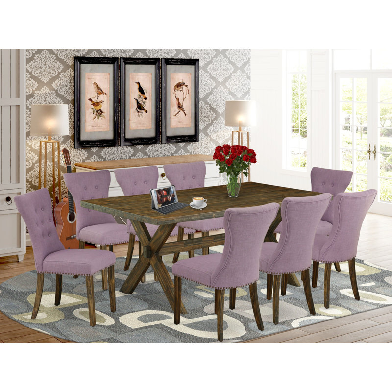 9 Piece Dining Table Set Includes a Rectangle Dining Room Table with X-Legs and 8 Dahlia Linen Fabric Upholstered Parson Chairs, Distressed Jacobean Finish.