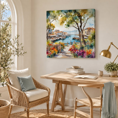 Port méditerranéen avec fleurs, village côtier, art mural sur toile