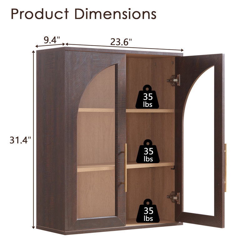 Modern Arched Bathroom Wall Cabinet With Glass Doors, Brown -3 Pcs, 31.4" H x 70.8" W x 9.4" D