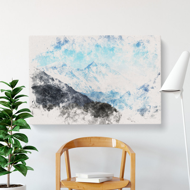 Mount Everest In Tibet & Nepal Watercolour - Wrapped Canvas Print, 60cm H x 91cm W x 3cm D